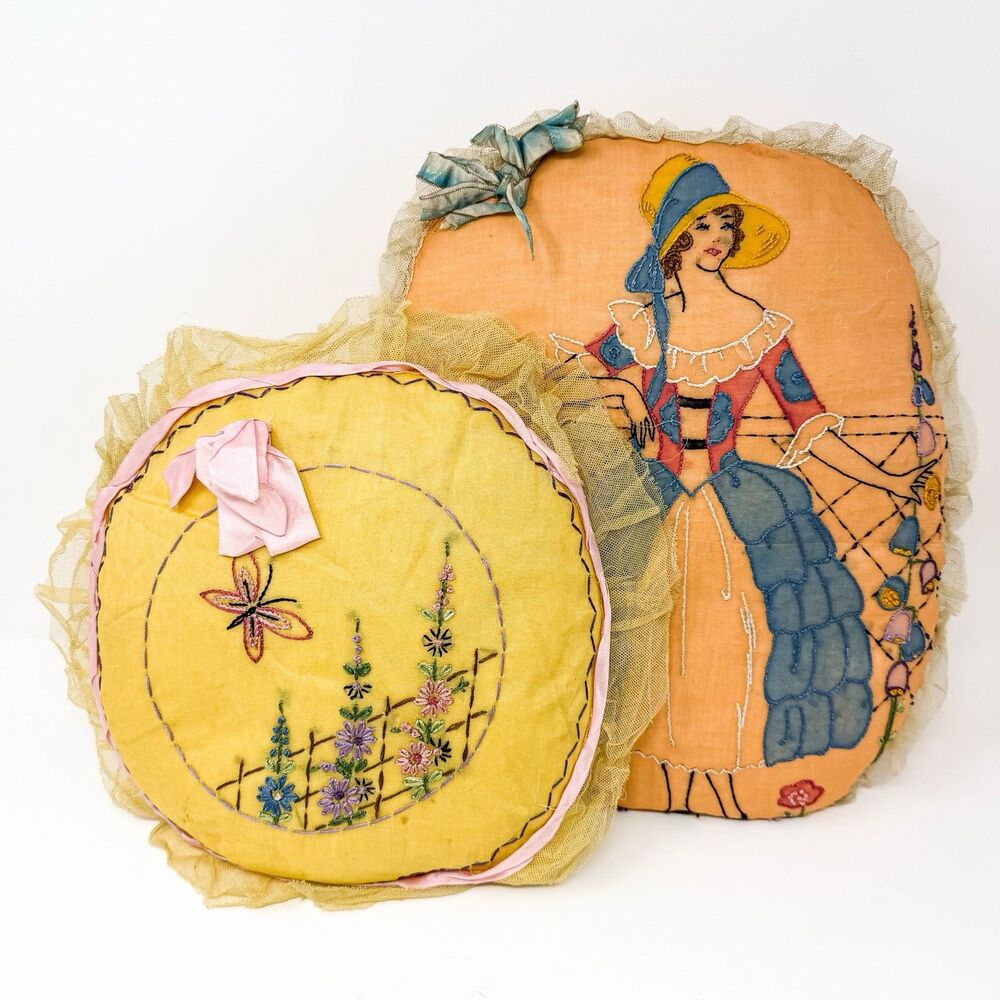 Antique 1920s Embroidered Boudoir Pillows Art Deco Lady Handmade Pair